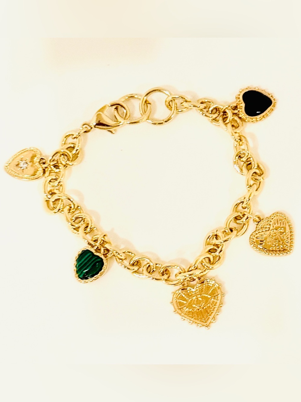 Evereve Gold Heart Charm Bracelet with Black and Green Accents